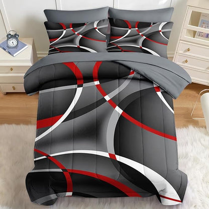 Nesker 7 Pcs Comforter Set Full Size, Modern Gray Black Red Swirls Bedding Set for Kids and Adults, Stripes Circle Lines Geometric Bed Sheet Sets with Fitted Sheet 2 Pillowcases & 2 Shams