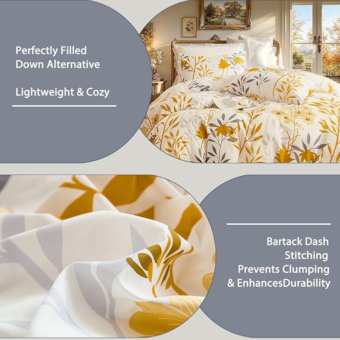 100% Cotton Comforter Set King Size – Yellow Floral Bedding Sets 3 Pieces Lightweight Cozy Botanical Bed Comforter, Soft Cottagecore Aesthetic All Season Bedding
