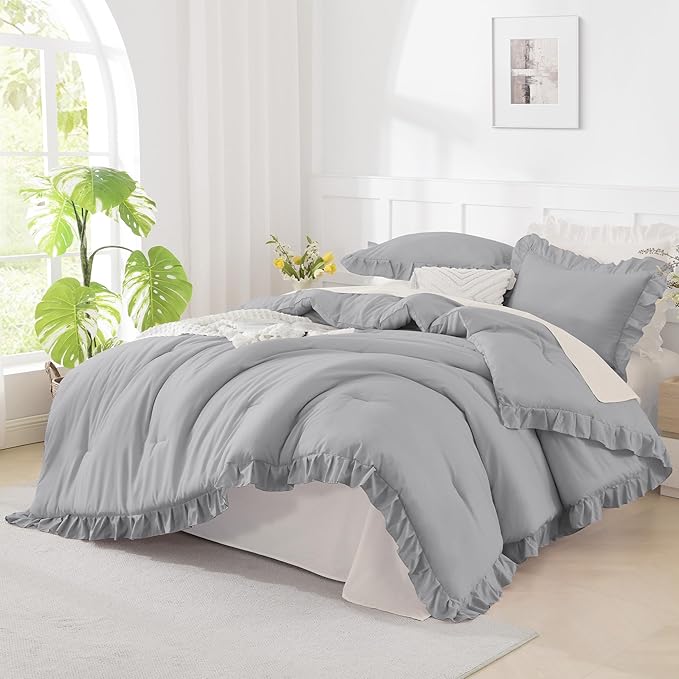 Andency Silver Gray Ruffle Comforter Twin XL(68x92Inch), 2 Pieces(1 Ruffled Comforter and 1 Pillowcase) Solid Farmhouse Shabby Chic Bed, Vintage Rustic Soft Microfiber Bedding Set