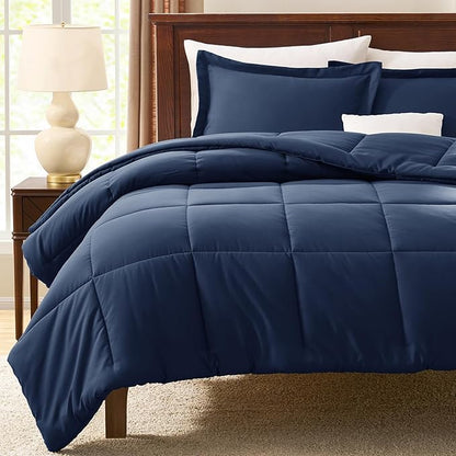 CozyLux Oversized Queen Comforter Set, 3 Pieces Navy Blue 98x98 Box Stitched Design Soft Bedding Set, All Season Lightweight Breathable Bed Set with 1 Down Alternative Comforter and 2 Pillow Shams