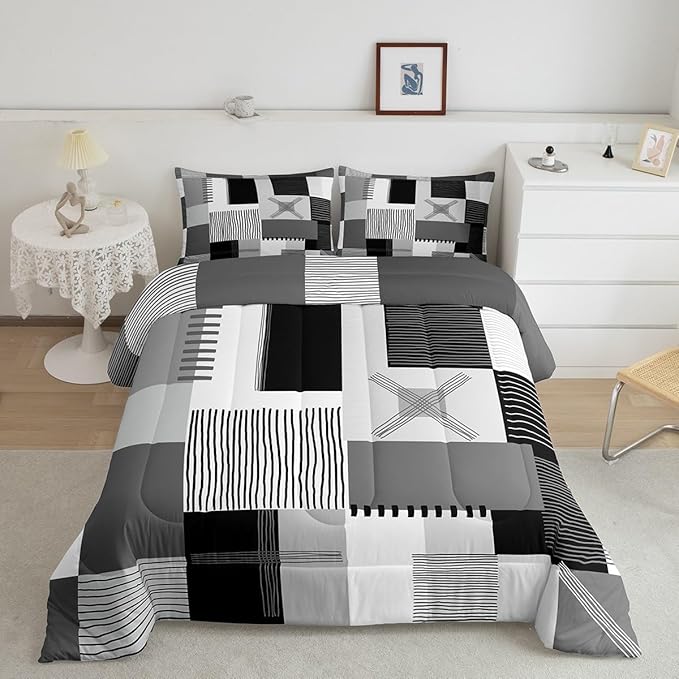Erosebridal Black White Grey Comforter Set Twin Gray Abstract Bedding Set for Kids Boys Adults Men Geometric Square Quilt Grids Checkered Duvet Insert Modern Fashion Room Decor 2 Pcs