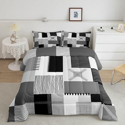 Erosebridal Black White Grey Comforter Set Twin Gray Abstract Bedding Set for Kids Boys Adults Men Geometric Square Quilt Grids Checkered Duvet Insert Modern Fashion Room Decor 2 Pcs