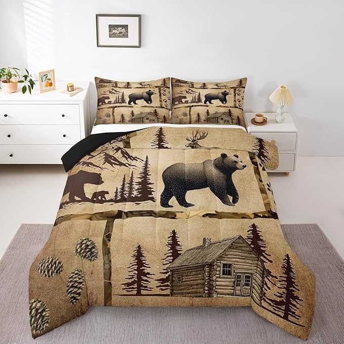 Feelyou Lodge Cabin Comforter Set Full Size Gray Bear Pine Tree Silhouette Pattern Quilted Duvet with 2 Pillowcases+1 Wild Animal Western Jungle Style Bedding for Teens Adults 3 Pcs