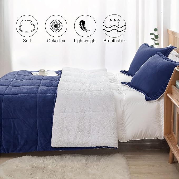 Seward Park Navy Blue Sherpa Comforter Set Twin XL Size, All Season Soft Warm Fleece Fall Blanket, Winter College Dorm Bedding Sets with 1 Pillow Sham
