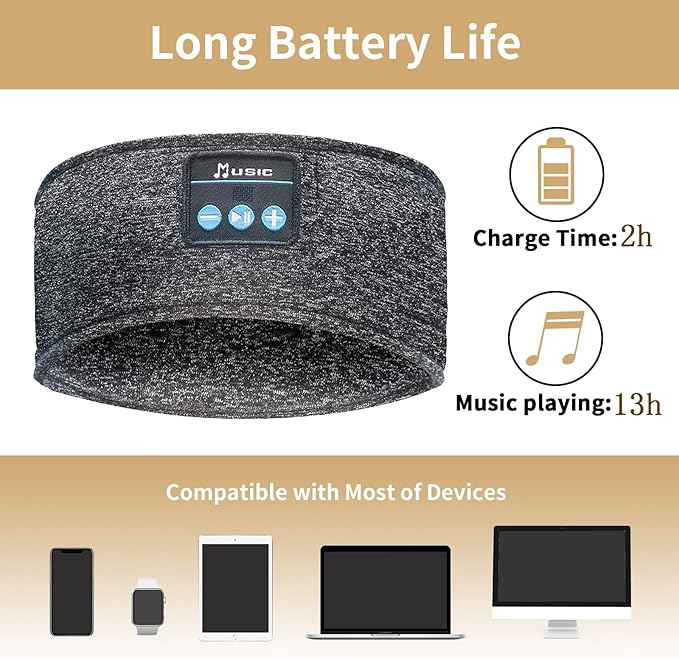 Bluetooth Headphones, Sleep Headphones Headband Wireless for Sleeping Side Sleepers - Adjustable Sleep Headphone, and Bluetooth Headbands for Women Men(Grey)
