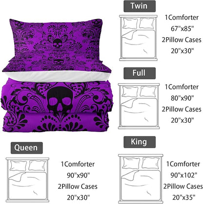 Adults Violet Gothic Comforter Set Queen Size,Vintage Damask Floral Bedding Set 3Pcs,Bohemia Bedding Set Goth Skull Printed Quilted Set for Teens Adult with 1 Comforter and 2 Pillowcase