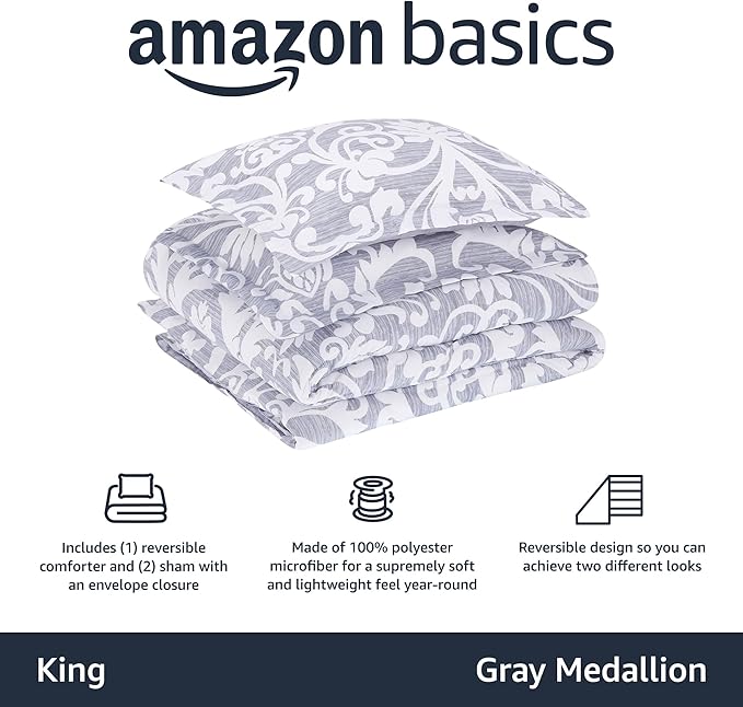 Amazon Basics King Size Ultra-Soft Lightweight Microfiber Reversible 3-Piece Bedding Comforter Set, Gray Medallion