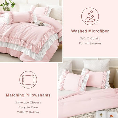 Masaca Pink Comforter Set Queen,Farmhouse Shabby Boho Chic Bedding White Ruffle Comforter Vintage Rustic French Country Bedding Set 3PCS (1 Ruffled Comforter and 2 Pillowcases)