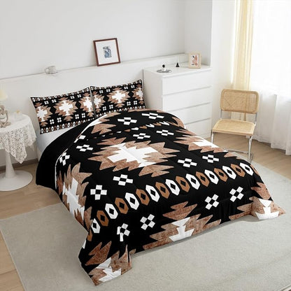 Feelyou Boho Comforter Set Full Size Southwest Native American Design Comforter Southwestern Geometric Bedding Set Western Decor Duvet Set Room Decor Brown Balck Quilt Set