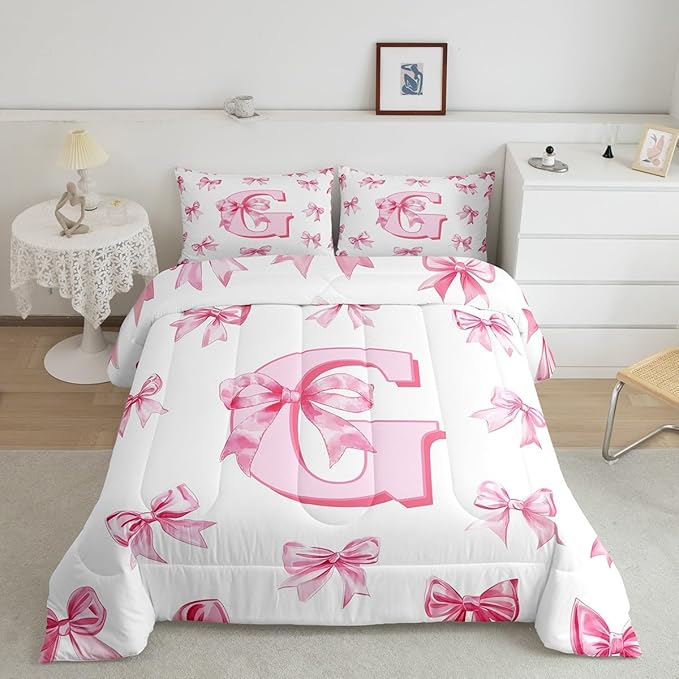 Erosebridal Pink Kawaii Bow Queen Bedding Comforter Sets Initial Letter G Bedding Set for Kids Girls Teen Women,Dreamy Princess Bowknot Comforter Set Monogrammed G Bow Quilt Duvet