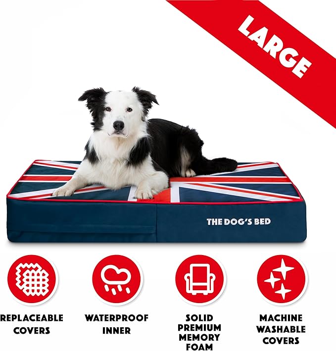 The Dog’s Bed Orthopedic Memory Foam Dog Bed Mattress, Oxford Fabric, Blue & Red Trim UK Center Flag, L, 6-Inch