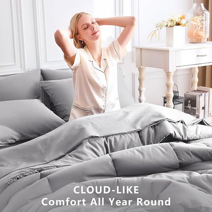 CozyLux Full Size Comforter Sets Grey, 7 Pieces Bed in a Bag, Gray Comforter Full Size, All Season Bedding Sets with Stitch Quilted Comforter, Flat Sheet, Fitted Sheet, Pillowcases