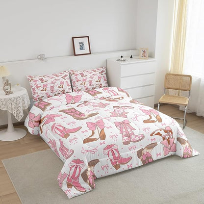 Feelyou Pink Western Bedding Set Cowgirl Cowboy Boots Comforter Set for Kids Boys Girls Teens Room Decor Cute Bowknot Dreamy Princess Style Comforter Full Size Girly Duvet Set 3Pcs