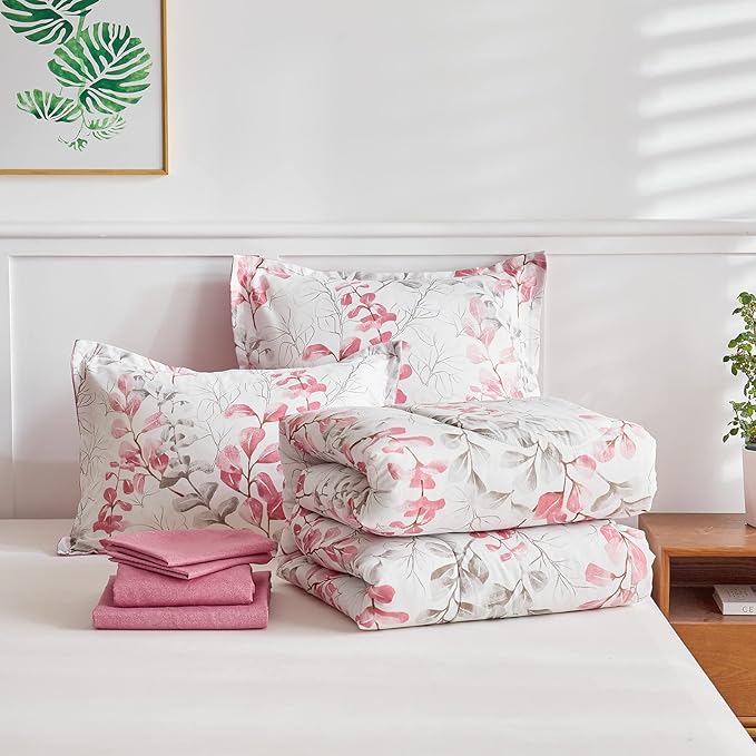 Pink Floral Comforter Sheet Set Bed in a Bag Twin Pink Gray Leaves 6 Pieces Bedding Set (1 Comforter 2 Pillow Shams 1 Flat Sheet 1 Fitted Sheet 1 Pillowcases)