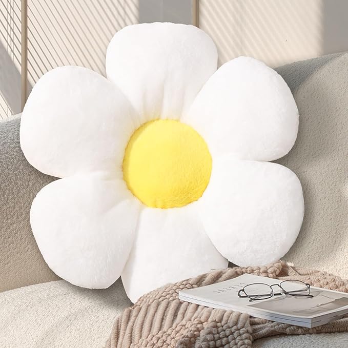 17.7 Inch White Flower Pillow – Daisy Shaped Cute Decorative Throw Pillow, Soft Floral Seating Cushion Floor Pillows for Sofa, Bed, Chair & Room Decor