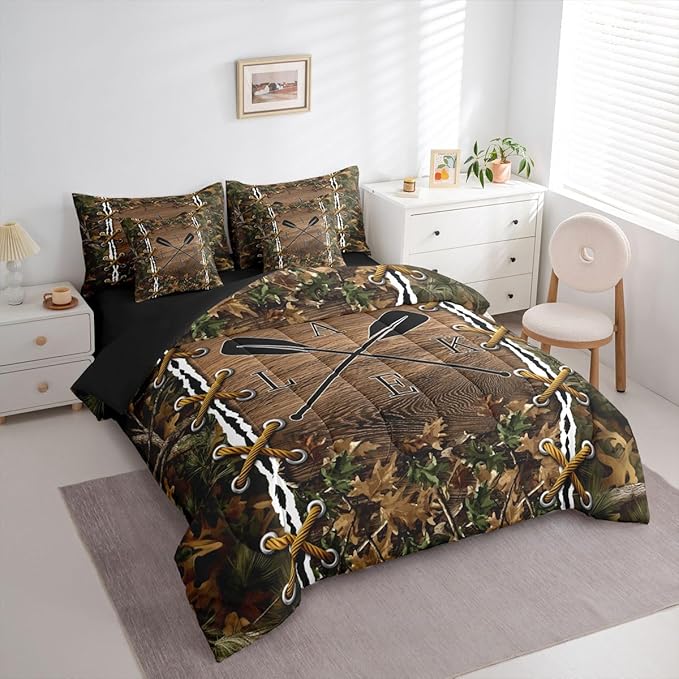 Rustic King Size Comforter Set with Sheets | Botanical Leaves Lake 7 Piece Bedding Set Mens Hunting Bed in a Bag, Farmhouse Woodland Animals Room Decor,Camo Cabin Country Decor Camo Bed Set