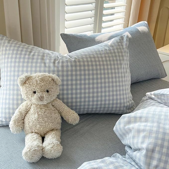 Nayoroom Blue Gingham Comforter Set Twin Size Plaid Checkered Comforter Kids Boys 2 Pcs Soft Lightweight Grid Farmhouse Dorm Bedding Set for All Seasons (1 Comforter, 1 Pillowcase)