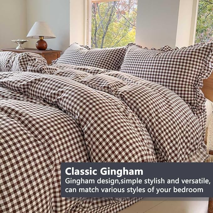 NSNLGSGC Mocha Ruffle Gingham Comforter Set King, Pre-Washed Ruffled Coffee Plaid Checked Comforter Bedding, 3 Pieces Vintage Farmhouse Grid Bedding Set(Mocha Gingham, King)