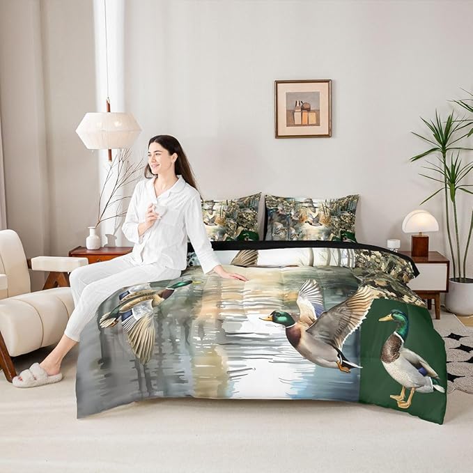 Lake Cabin Bed in a Bag Queen Comforter Set 7 Piece | Mallard Duck Bedding Sets Mens Country Tree Branch Camouflage Comforter and Sheet Set, Woodland Animals Hunting Bed Sets,Rustic Farmhouse Decor