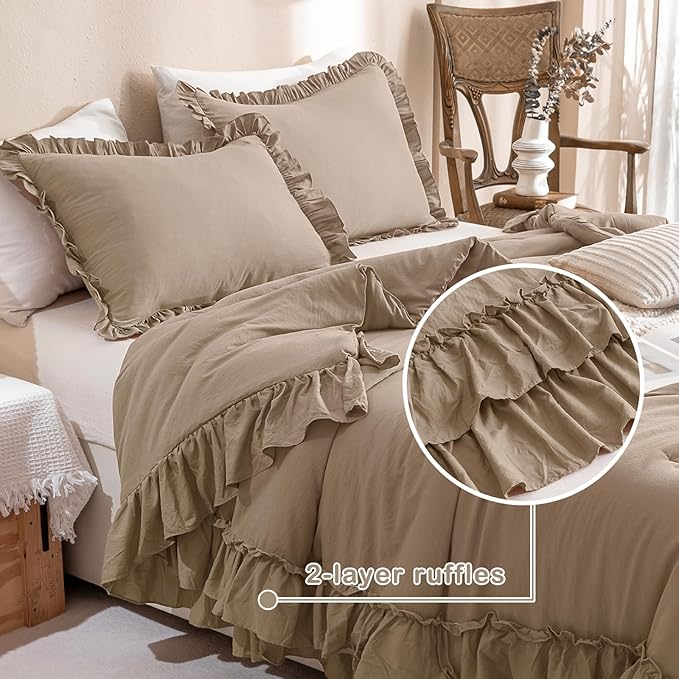 Masaca Ruffled King Comforter Set,Farmhouse Shabby Boho Bedding Comforter with Ruffles Lightweight Ultra Soft Vintage Rustic French Country Light Taupe Bedding 3 Pieces