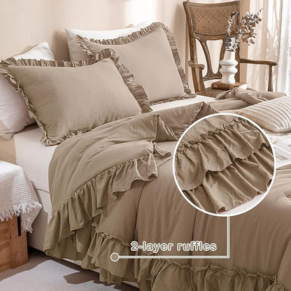 Masaca Ruffled King Comforter Set,Farmhouse Shabby Boho Bedding Comforter with Ruffles Lightweight Ultra Soft Vintage Rustic French Country Light Taupe Bedding 3 Pieces