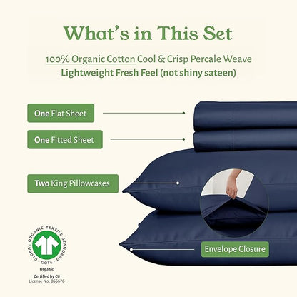 California Design Den California King Sheet Set - Soft 100% Organic Bed Sheets with Deep Pockets, Crisp Percale, Breathable and Durable Bedding Set - Navy Blue