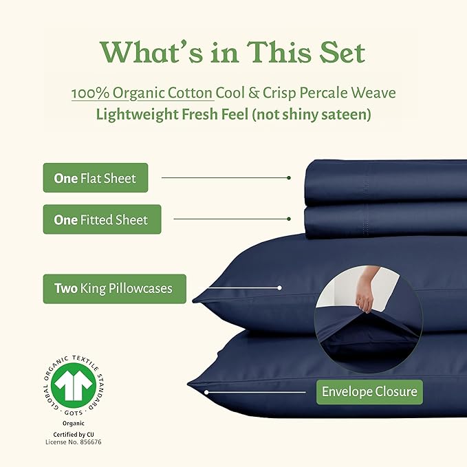 California Design Den King Size Sheets Deep Pocket Set - Soft 100% Organic Cotton Sheets, Crisp Percale, Breathable and Durable Bedding Set - Navy Blue