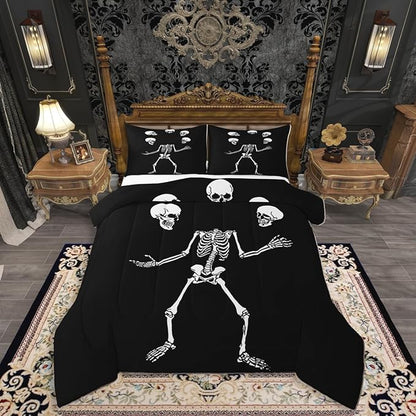 Erosebridal Juggling Skeleton King Size Comforter Set, Halloween Juggling Skull Bedding Set for Kids Boys Teens Men Horror Halloween Decor, Gothic Skull Comforter, Black Quilt 3 Piece