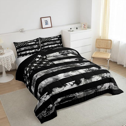 Erosebridal Camo Queen Comforter Set,Boys Camo Black Bedding Set for Teen Boy,Camouflage American Flag Quilt Inner Fill for All Season,Grunge USA Flag Down Comforter with 2 Pillowcases,Warm