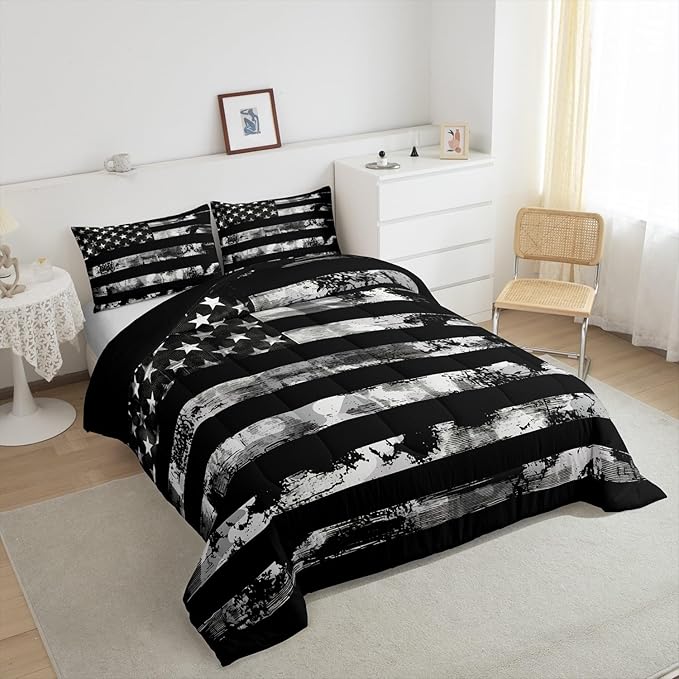 Erosebridal Boys Camouflage Comforter Set King Size,Retro American Flag Black Camo Bedding Set for Men,Army Black Camo Abstract Comforter Sets for Camoflage Fan,USA Soldier Quilt with 2 Pillowcases