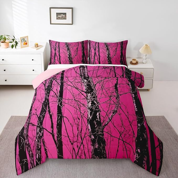 Erosebridal Cabin Lodge Twin Comforter Set,Woodland Rustic Bedding Sets for Girls Boys Kids,Hot Pink Camo Hunting Quilt Bed Set,Vintage Country Room Decor with 1 Pillowcase,Breathable