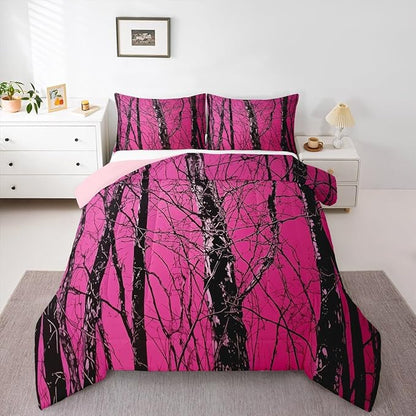 Erosebridal Cabin Lodge Queen Comforter Set,Woodland Rustic Bedding Sets for Girls Boys Kids,Hot Pink Camo Hunting Quilt Bed Set,Vintage Country Room Decor with 2 Pillowcases,Breathable