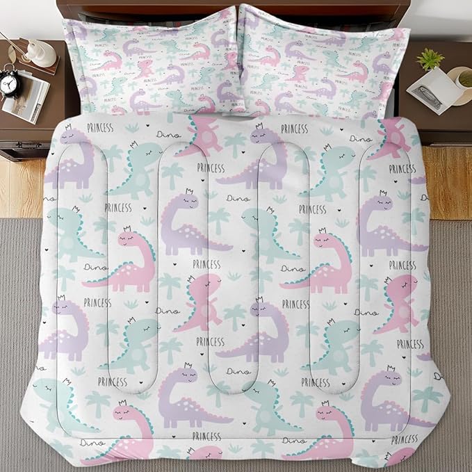 Princess Dinosaur Animal Comforter Set for Girls Kids Toddlers Teens Adults Queen, Cute Dino Pink Bedding Sets Water Washed Microfiber Bedding with 1 Comforter 2 Pillowcase All Season