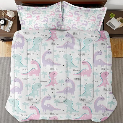 Princess Dinosaur Animal Comforter Set for Girls Kids Toddlers Teens Adults Twin, Cute Dino Pink Bedding Sets Water Washed Microfiber Bedding with 1 Comforter 1 Pillowcase All Season