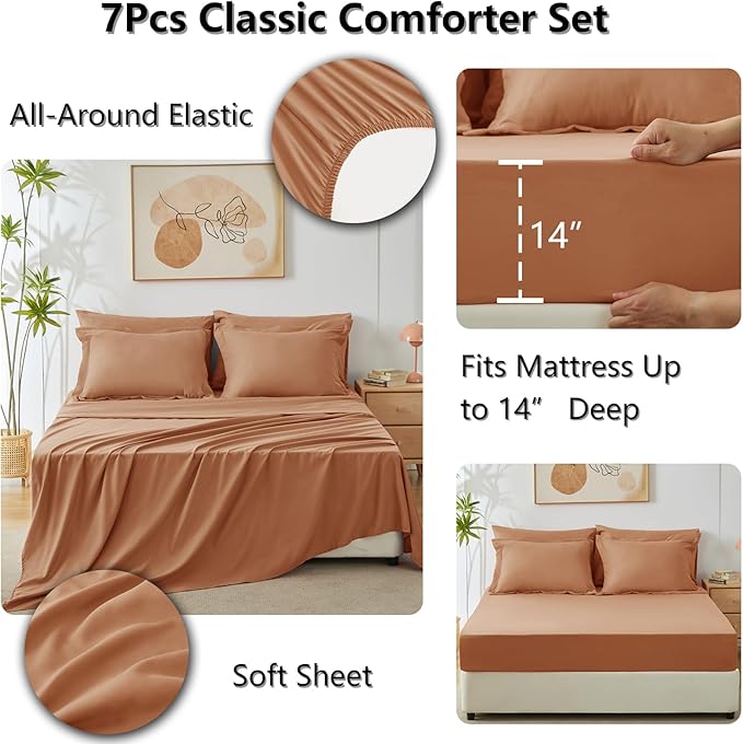 CozyLux King Size Comforter Sets Pumpkin - 7 Pieces Bed in a Bag King, Luxury Soft Bed Set for All Seasons, Bedding Set with Down Alternative Comforter, Sheets, Pillowcases & Shams