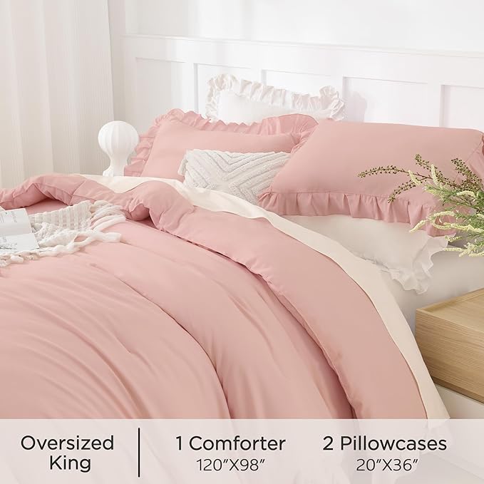 Andency Oversized King Comforter Set 120x98, 3 Pieces Ruffle Shabby Chic Famhouse Bedding Set, All Season Lightweight Fluffy Bed Set for Girls Women, Blush