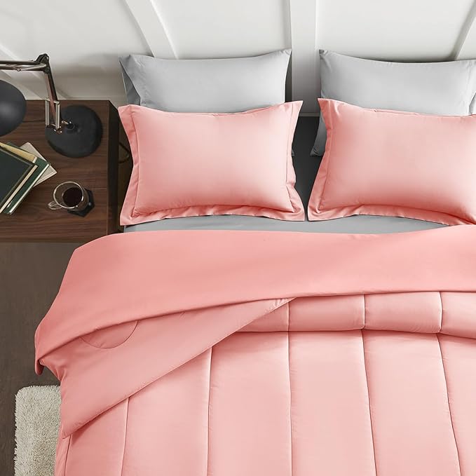 Maple&Stone Queen Size Comforter Set 7 Pieces Bed in a Bag - Down Alternative Bed Set with Sheets, Pillowcases & Shams, Soft Reversible Duvet Insert for Queen Bed, Pink and Grey