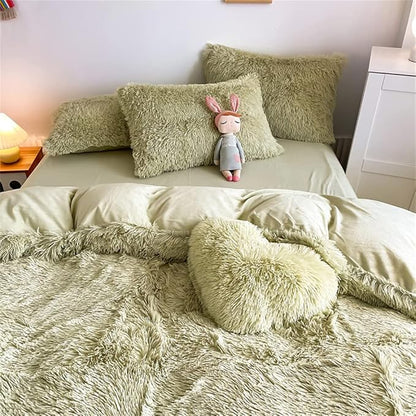 chovy Faux Fur Plush Light Green Comforter Sets King - Ultra Soft Shaggy Flannel Velvet Fluffy Fuzzy 3PC Bedding Set （Comforter x 1 Pillowcases x 2）