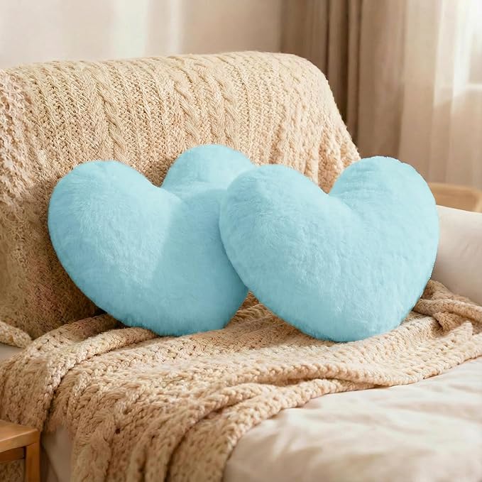 Nydotd Heart Pillows Cute Fuzzy Throw Pillow Blue Love Heart Shaped Decorate Pillows for Bed Livingroom Sofa Gifts Home Decor Cushion Small 11.8" x 10"