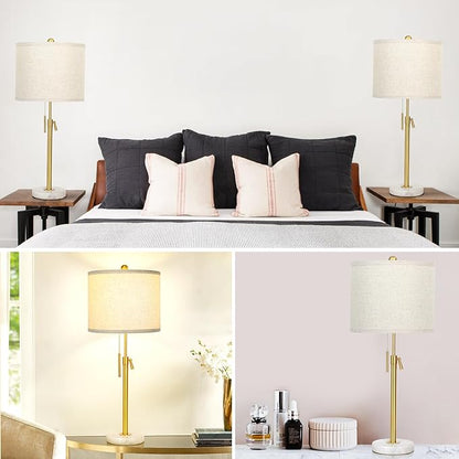 Table Lamps for Bedrooms Set of 2, 22" to 30" Height Adjustable Nightstand Lamps with Linen Shade, Pull Chain Switch Lamps for Living Room, 3 Way Dimmable Beside Lamp