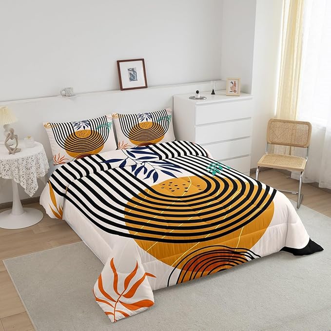 Erosebridal Mid Century Comforter Set Queen Swirl Line Bedding Set, Vintage Minimalit Down Comforter Modern Artwork Bed Set, Abstract Circle Spiral Quilted Duvet Lightweight for All Seasons