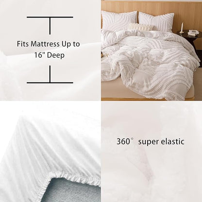 Ivory Twin Comforter Set - 7 Pieces Bed in a Bag, Premium Comforters Twin Size Bed Set Tufted Shabby Chic Bedding Comforter Set with Flat Sheet, Fitted Sheet and Pillowcases,White