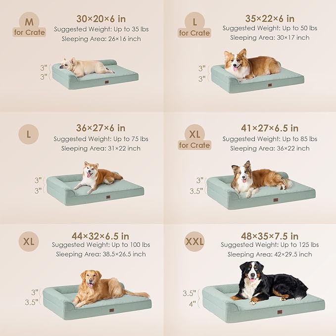 EHEYCIGA Large Dog Bed Memory Foam for Crate, Orthopedic Dog Bed Large Size Dogs with Washable Removable Cover, Waterproof Pet Sofa Couch with Nonskid Bottom, 35x22x6, Greyish Green