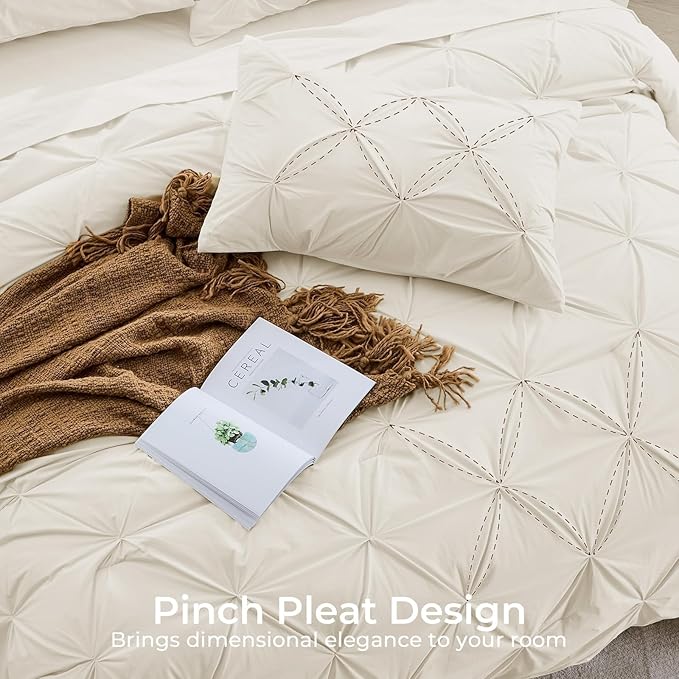 Sasttie California King Comforter Set, 7-Piece Bed in a Bag Cal King, Pintuck Bedding Set for All Season, Includes Comforter, Flat Sheet, Fitted Sheet, Pillowcases and Pillowshams, Beige