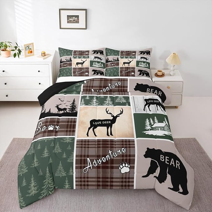 Rustic Cabin Lodge Bedding Full Size, Bear Deer Elk Comforter Set Vintage Farmhouse Adventure Quilt Woodland Forest Animal Grid Claw Bedding Comforter Sets Rustic Farmhouse Home Decor, Green Brown
