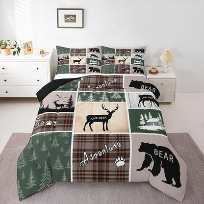 Rustic Cabin Lodge Bedding Twin Size, Bear Deer Elk Comforter Set Vintage Farmhouse Adventure Quilt Woodland Forest Animal Grid Claw Bedding Comforter Sets Rustic Farmhouse Home Decor, Green Brown