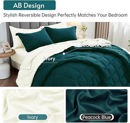 MUXHOMO 7 Pieces Queen Comforter Set, Reversible Bed in a Bag Queen Size, All Season Bedding Set with Comforter, Flat Sheet, Fitted Sheet, Pillowcases & Shams, Peacock Blue & Ivory