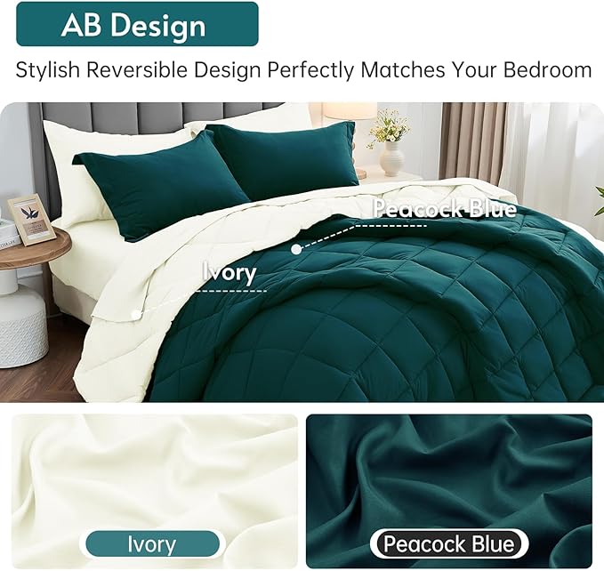 MUXHOMO 7 Pieces Full Comforter Set, Reversible Bed in a Bag Full Size, All Season Bedding Set with Comforter, Flat Sheet, Fitted Sheet, Pillowcases & Shams, Peacock Blue & Ivory