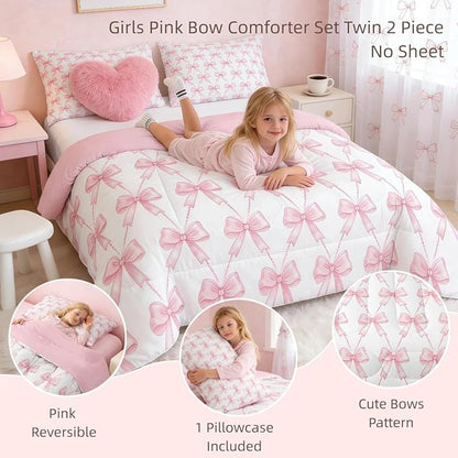 Feelyou Pink Bow Twin Bedding Set for Girls, Pink Bow Comforter Set for Kids, Cute Bowknot Girls Comforter Kawaii Dreamy Princess Style Room Decor, 1 Pillowcase