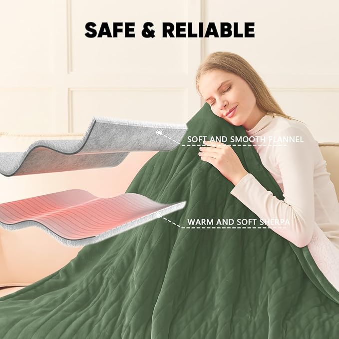 greenoak Heated Blanket Electric Throw 50"X60", Heating Blankets with 10 Heat Levels 8 Hours Auto-Off, Soft Flannel Sherpa Fluffy House Warming Gifts for Grandma Seniors Momt,Jade Green